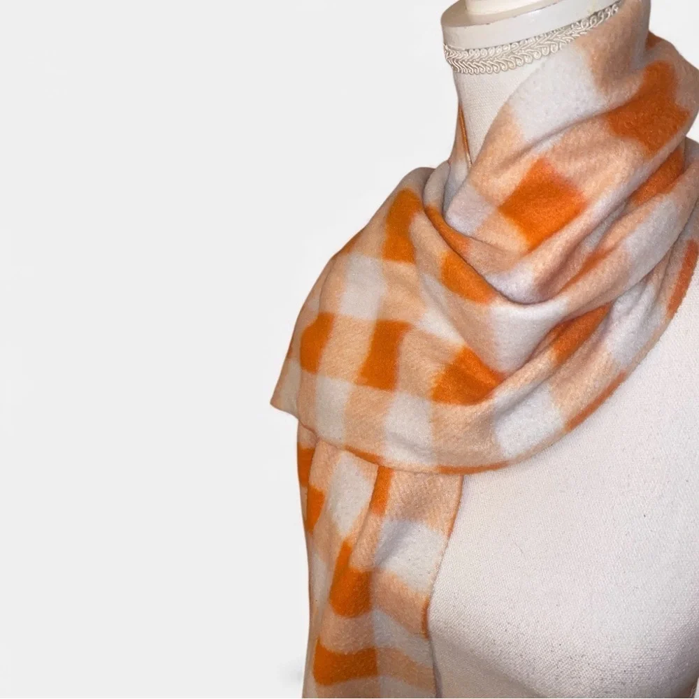 WINTER SCARF in Orange & White Plaid w/Wool Like Material for Men or Women